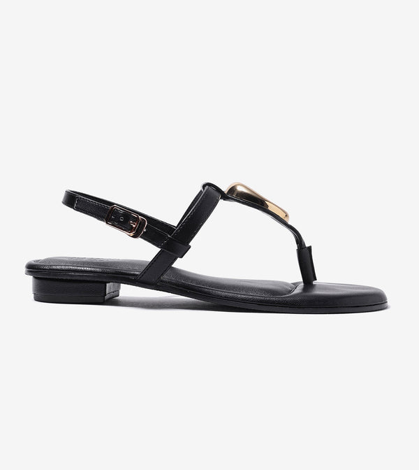 Metallic Accent T-Strap Flats - Black
