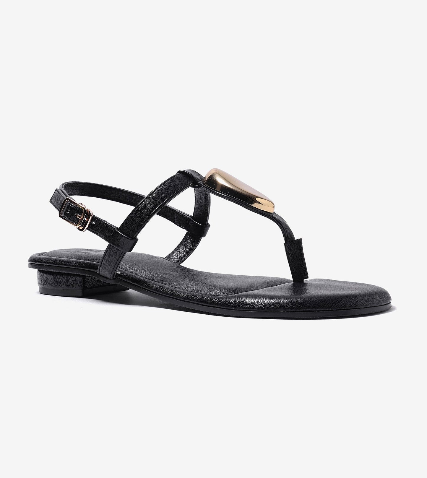 Metallic Accent T-Strap Flats - Black