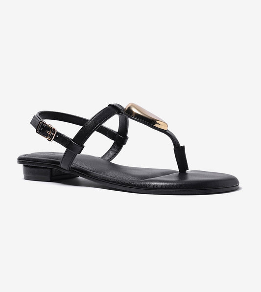 Metallic Accent T-Strap Flats - Black