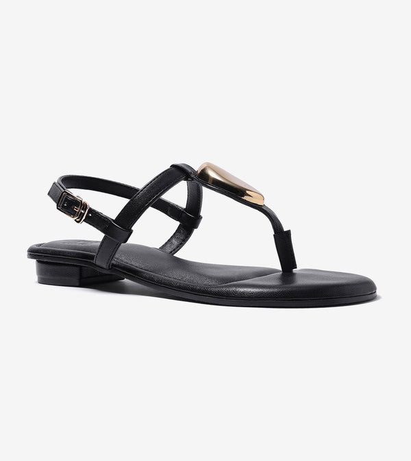 Metallic Accent T-Strap Flats - Black