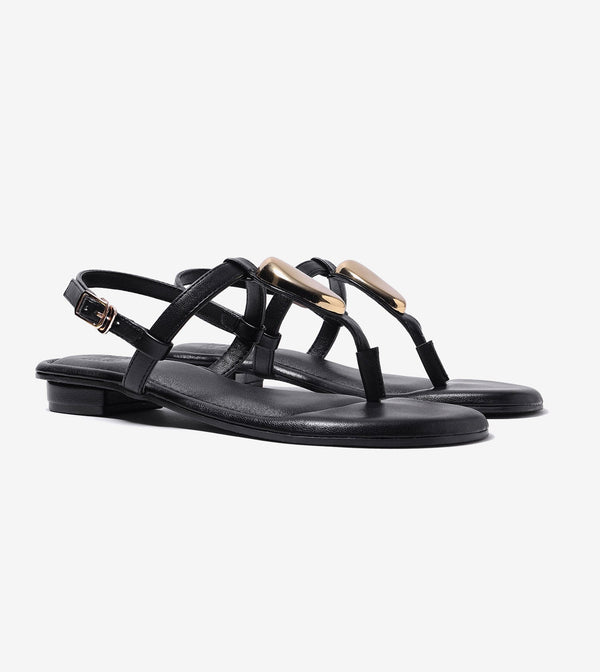 Metallic Accent T-Strap Flats - Black