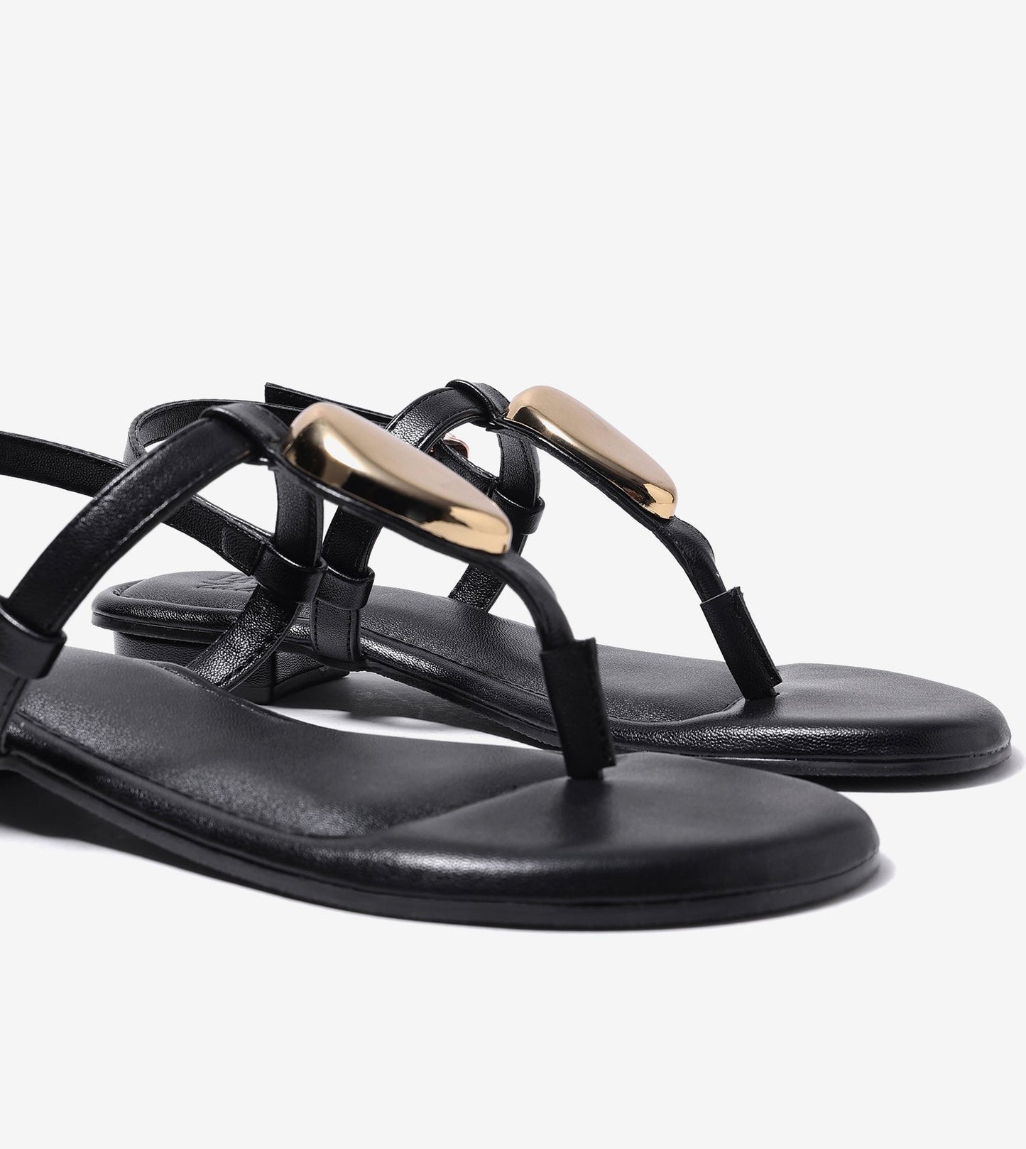 Metallic Accent T-Strap Flats - Black