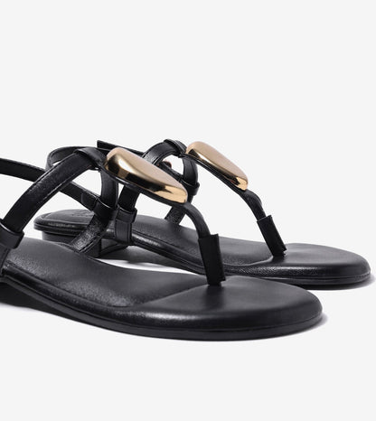 Metallic Accent T-Strap Flats - Black