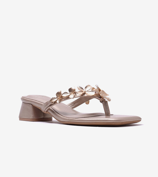 Floral Detail Block Heels Sandal - Gold