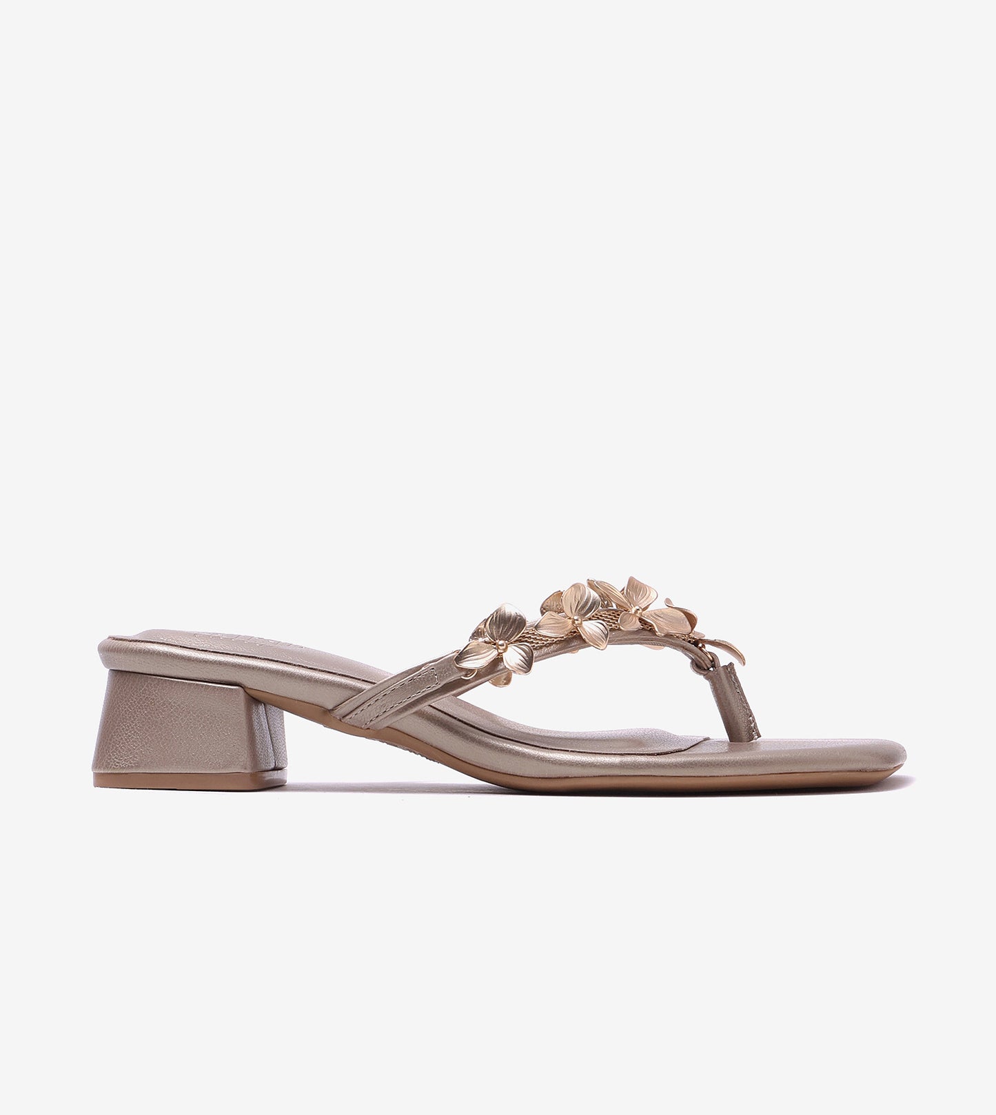 Floral Detail Block Heels Sandal - Gold