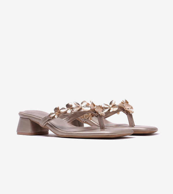 Floral Detail Block Heels Sandal - Gold