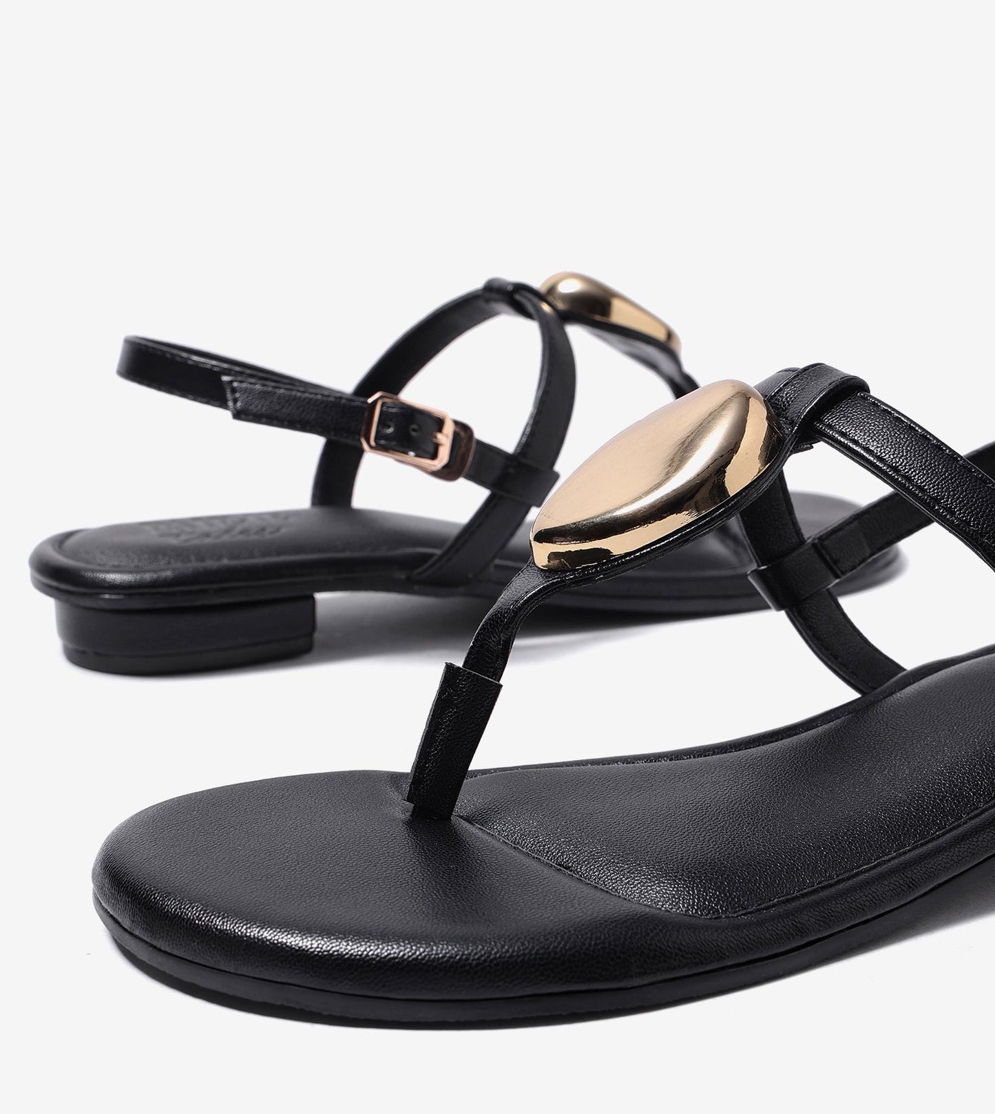 Metallic Accent T-Strap Flats - Black