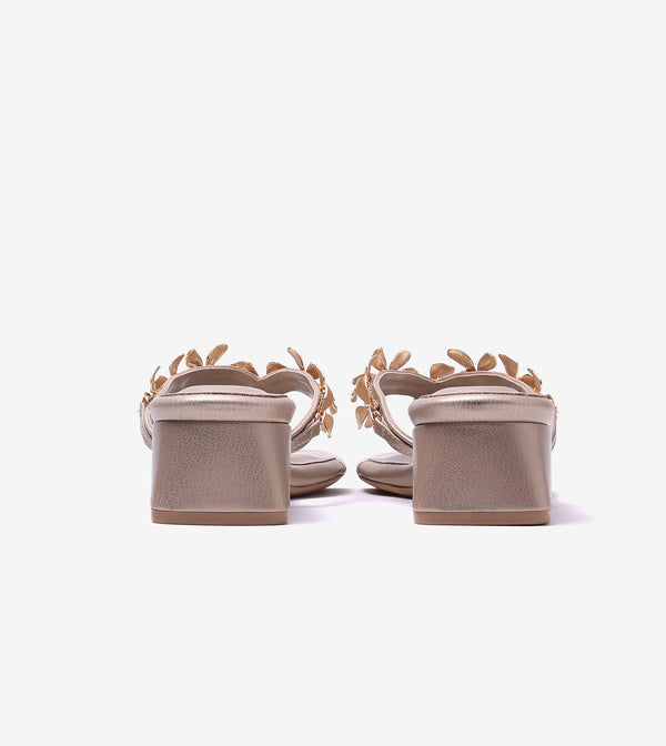 Floral Detail Block Heels Sandal - Gold