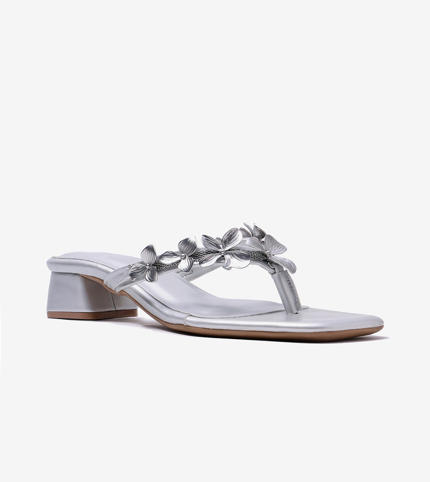 Floral Detail Block Heels Sandal - Silver