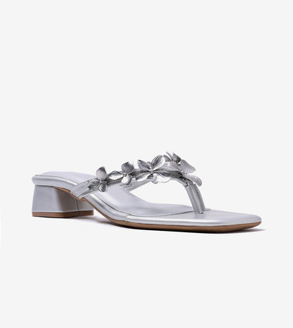 Floral Detail Block Heels Sandal - Silver