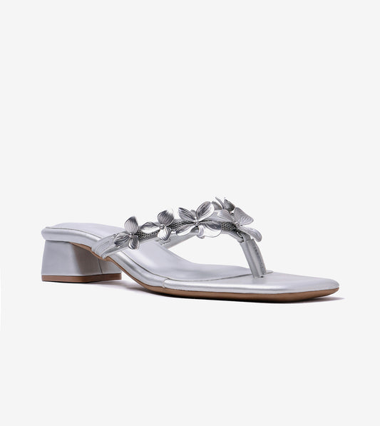 Floral Detail Block Heels Sandal - Silver
