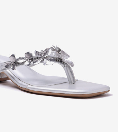 Floral Detail Block Heels Sandal - Silver