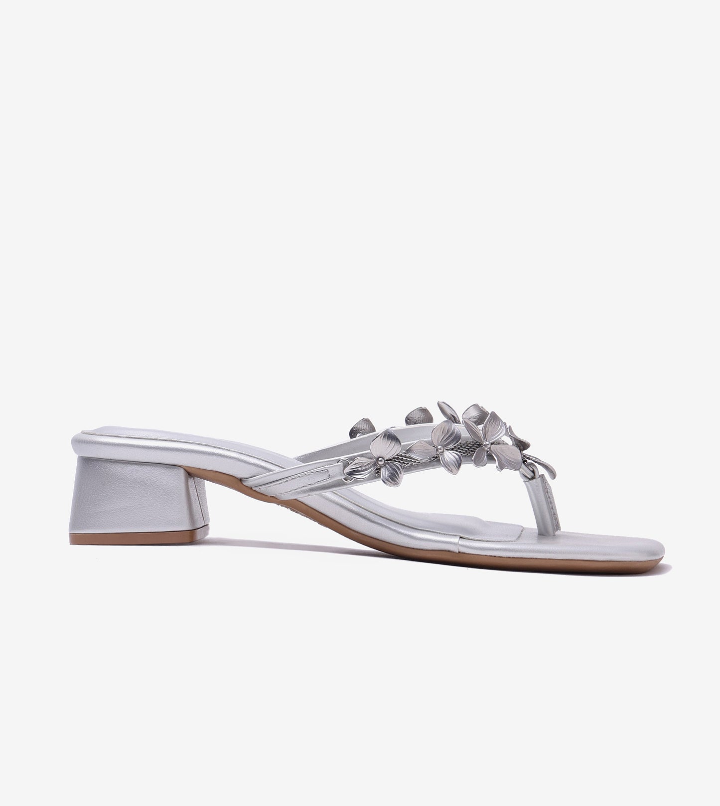 Floral Detail Block Heels Sandal - Silver