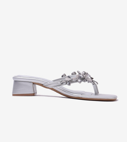 Floral Detail Block Heels Sandal - Silver
