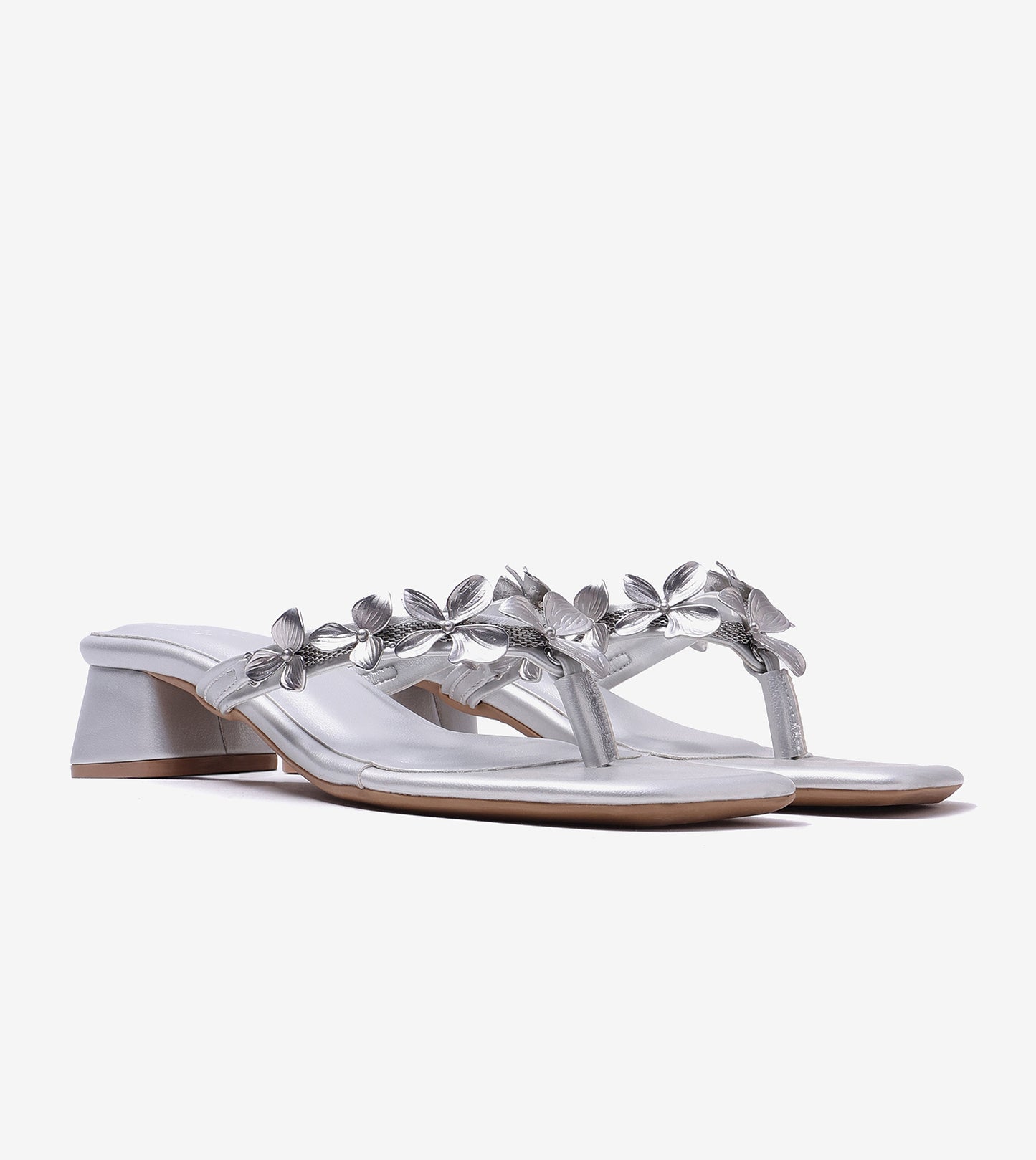 Floral Detail Block Heels Sandal - Silver