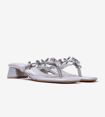 Floral Detail Block Heels Sandal - Silver