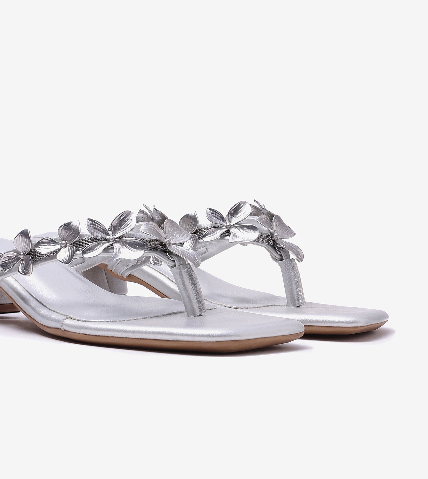 Floral Detail Block Heels Sandal - Silver