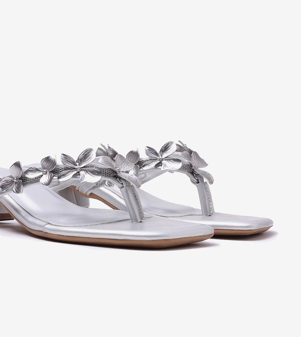 Floral Detail Block Heels Sandal - Silver