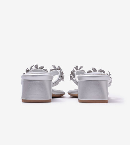 Floral Detail Block Heels Sandal - Silver