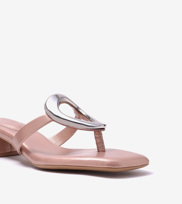 Metallic Accent T-Strap Block Heel -Peach