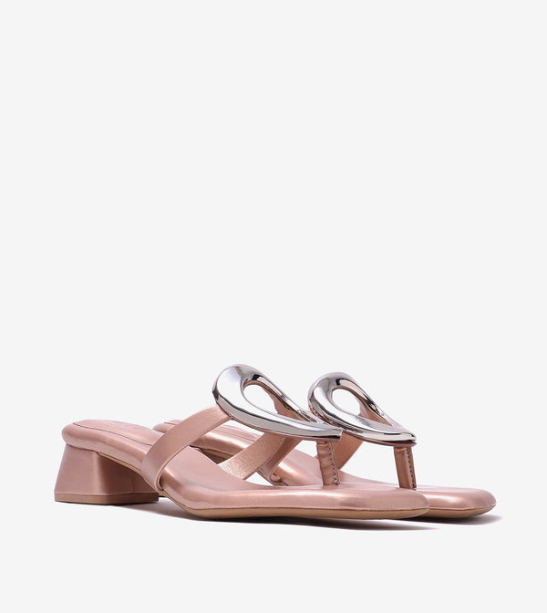 Metallic Accent T-Strap Block Heel -Peach
