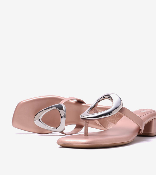 Metallic Accent T-Strap Block Heel -Peach