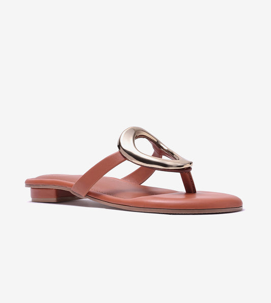 Metallic Accent T-Strap Flats Sandal - Tan