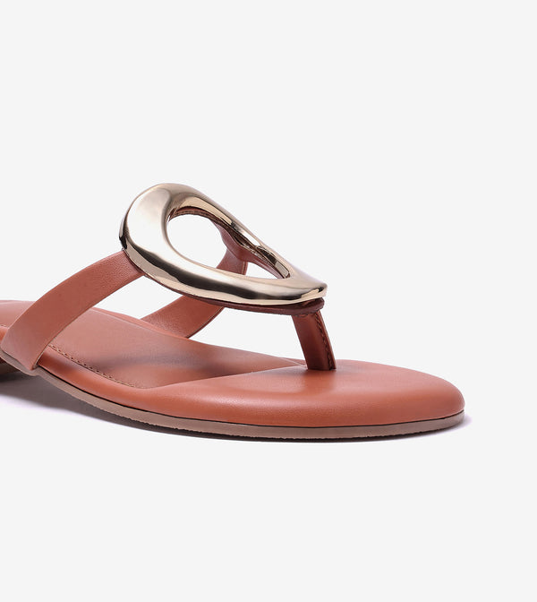 Metallic Accent T-Strap Flats Sandal - Tan