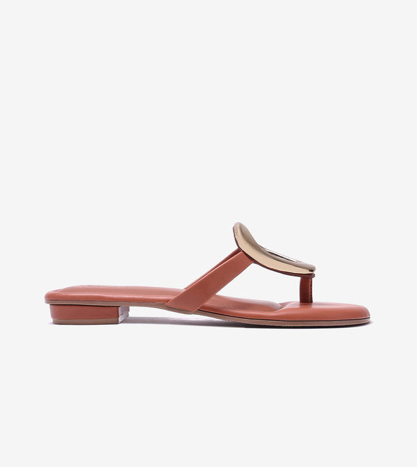 Metallic Accent T-Strap Flats Sandal - Tan
