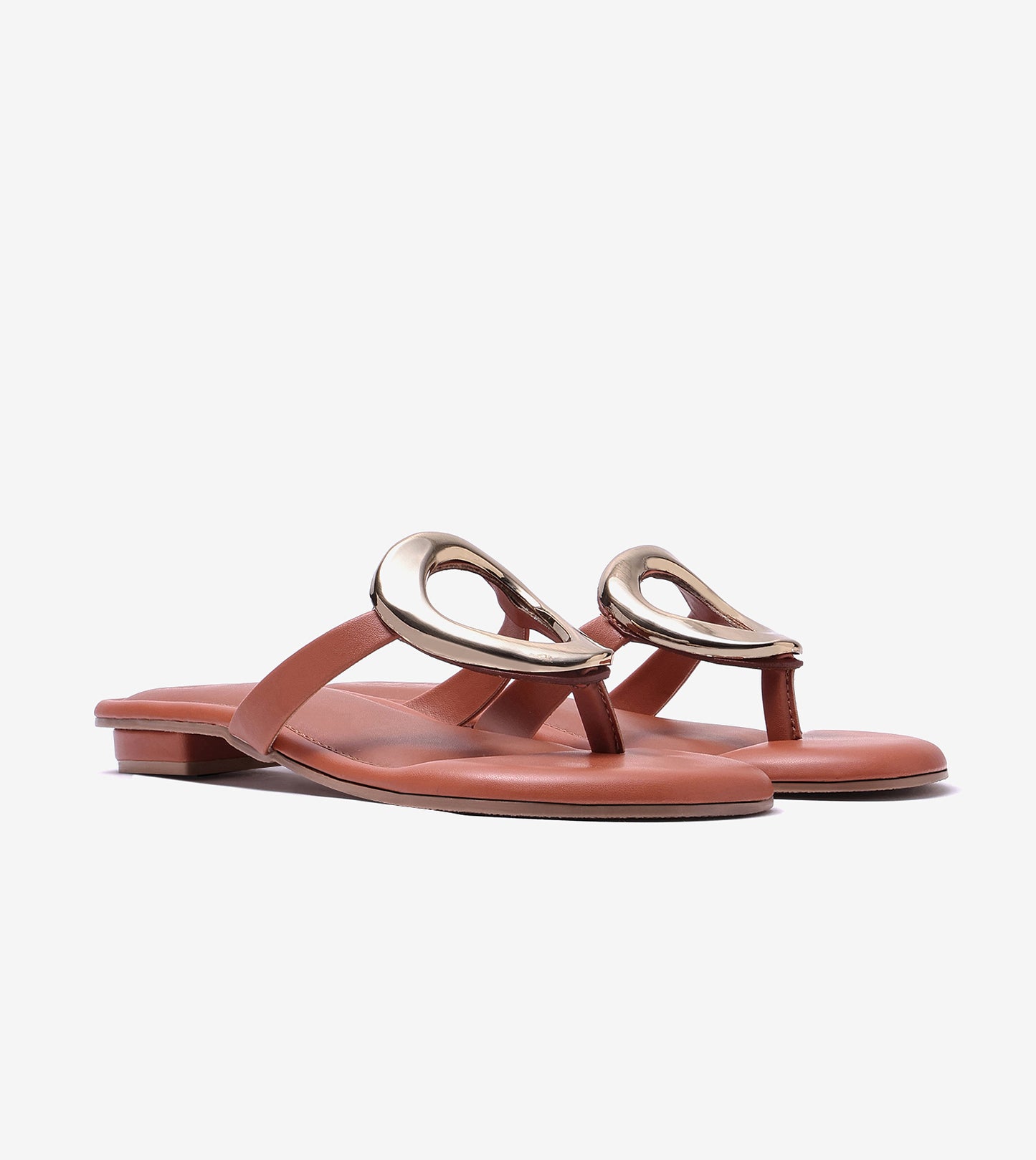 Metallic Accent T-Strap Flats Sandal - Tan