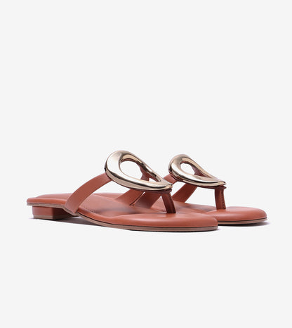 Metallic Accent T-Strap Flats Sandal - Tan