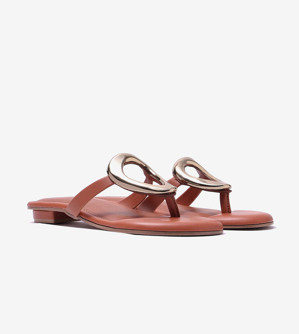 Metallic Accent T-Strap Flats Sandal - Tan