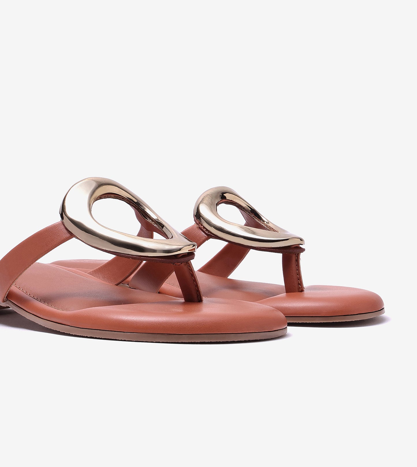 Metallic Accent T-Strap Flats Sandal - Tan
