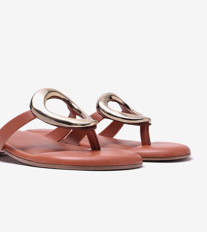 Metallic Accent T-Strap Flats Sandal - Tan