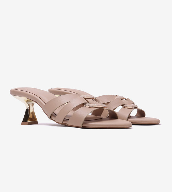 Golden Buckle Statement Heels - Beige