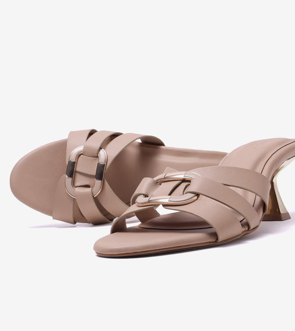 Golden Buckle Statement Heels - Beige