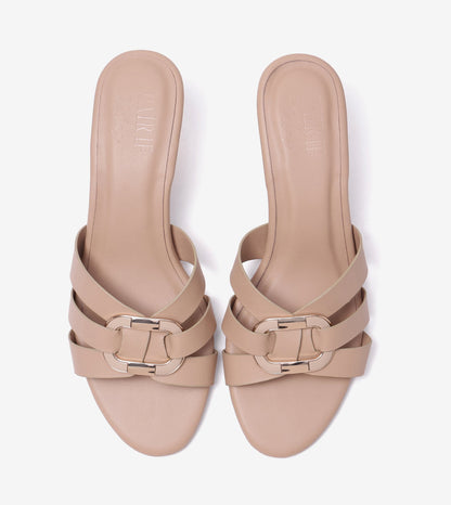 Golden Buckle Elegant Statement Heels - Beige