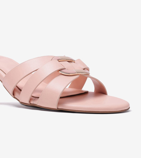Golden Buckle Statement Heels - Peach
