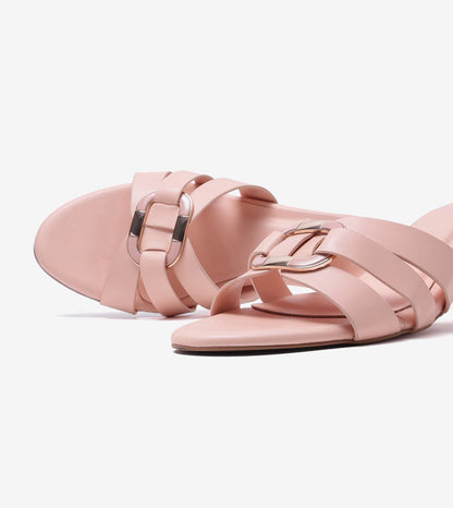 Golden Buckle Elegant Statement Heels - Peach