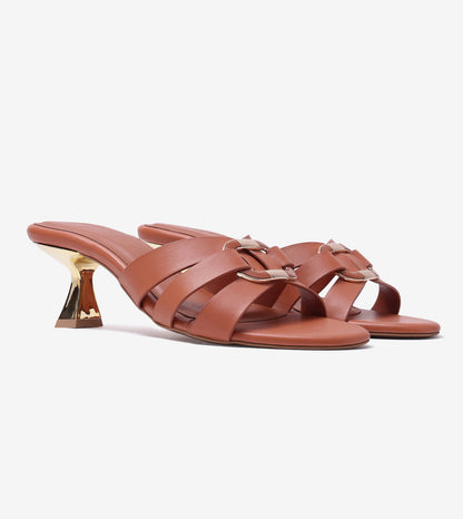 Golden Buckle Elegant Statement Heels - Tan