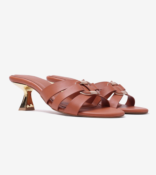 Golden Buckle Statement Heels - Tan