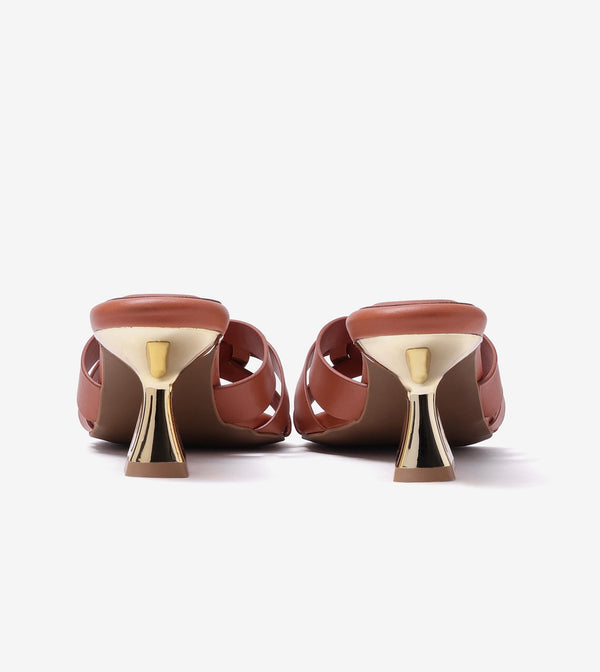 Golden Buckle Statement Heels - Tan