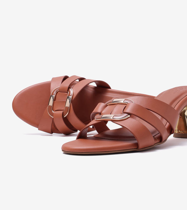 Golden Buckle Statement Heels - Tan