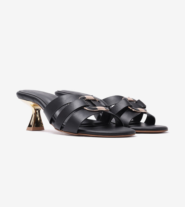 Golden Buckle Statement Heels - Black