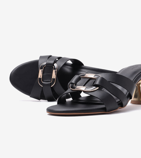 Golden Buckle Statement Heels - Black