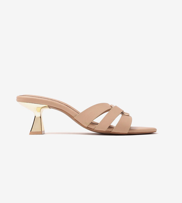Golden Buckle Statement Heels - Beige