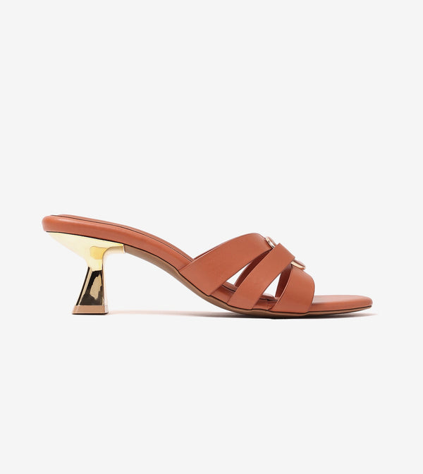 Golden Buckle Statement Heels - Tan