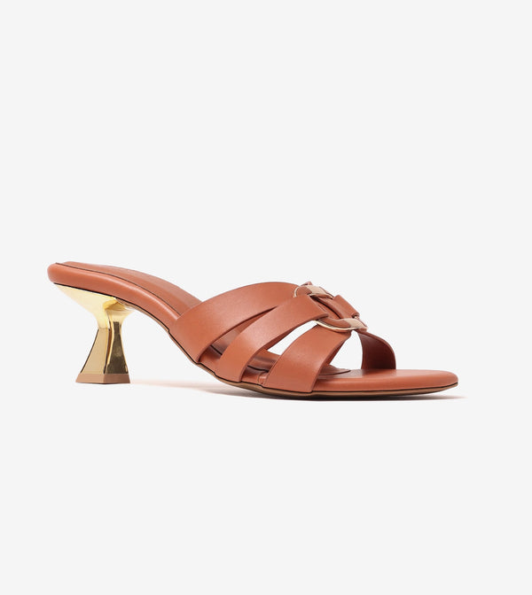 Golden Buckle Statement Heels - Tan