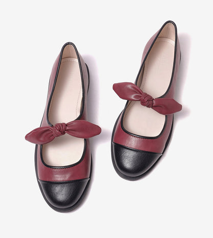 Bow Detail Cap-Toe Flats - Wine