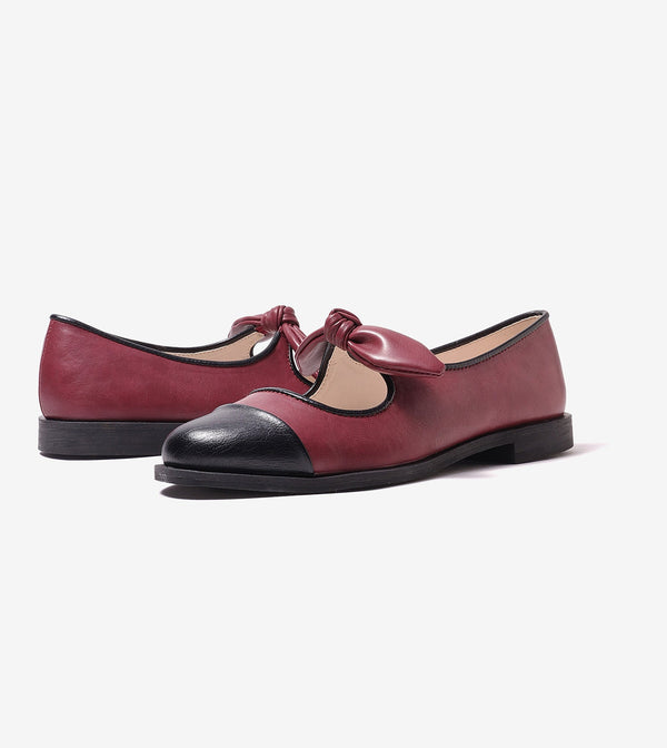 Bow Detail Cap-Toe Flats - Wine